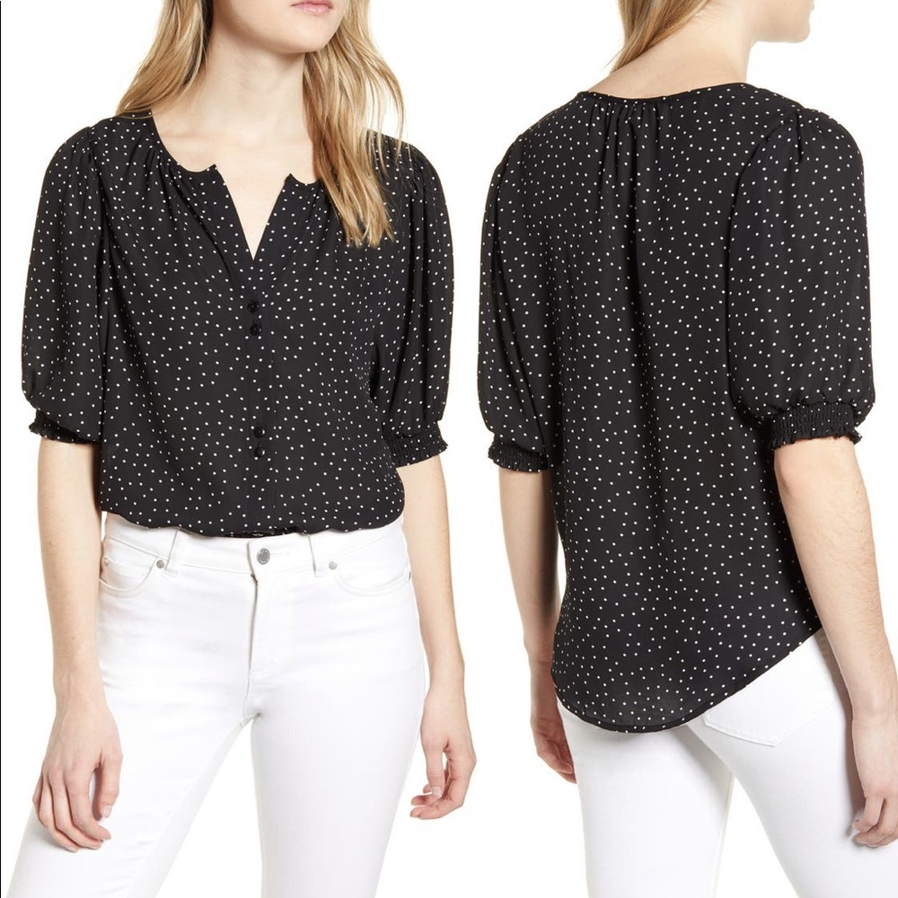 Bobeau Polka Dot Button Up Puff Sleeve Blouse